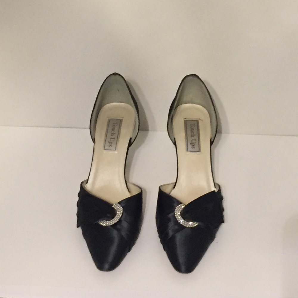 Black satin pointy toe evening heels, sz 8.5